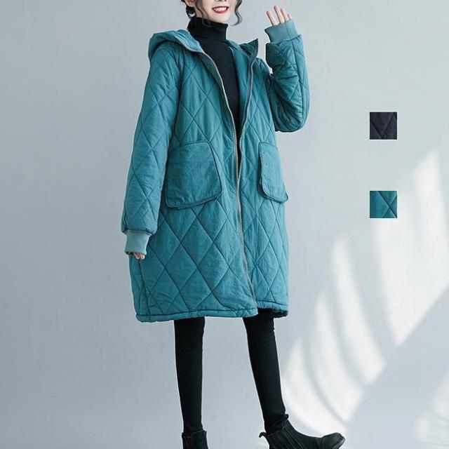 コート 中綿コート キルティングコート ロング丈コート フード付き 左右ポケット ファスナー 保温防寒 レディース アウター