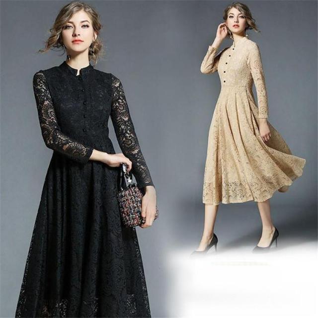 ワンピース 結婚式 パーティードレス ドレス ロングドレス 総レース 長袖 Aライン マキシ丈 レディース 二次会ドレス 黒 パーティドレス 上品