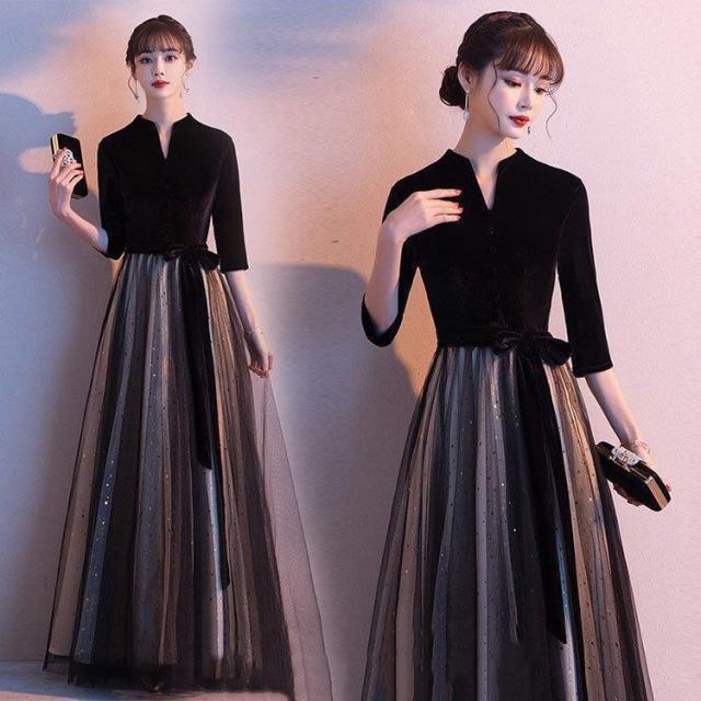 イブニングドレス ロングドレス 黒 ベロア ベルベット チュール 発表会ドレス Vネック 7分袖 オシャレ パーティードレス ブラック お呼ばれドレス 結婚式ドレス