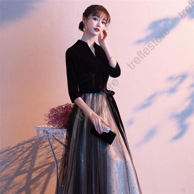 イブニングドレス 黒 ベロア ベルベット 発表会ドレス ロングドレス ブラック 結婚式ドレス 二次会ドレス お呼ばれドレス キャミドレス Vネック ドッキング イブニングドレス 黒 ベロア ベルベット 発表会ドレス スパンコール