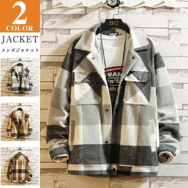 コーチジャケット メンズ 秋冬 ジャケット ブルゾン ウール混 ウールタッチ チェック柄 メルトン アウター