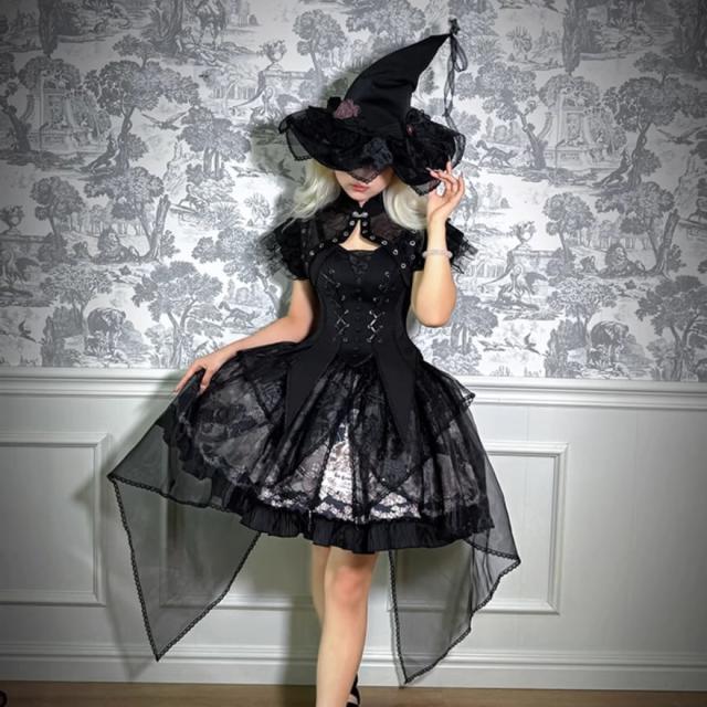 ゴスロリ ジャンパースカート ALICE GIRL ホルターネック ネックリボン付き アニマル柄 プリント ダークゴシック 病み可愛い ゴスロリ ジャンパースカート ALICE GIRL ホルターネック ネックリボン