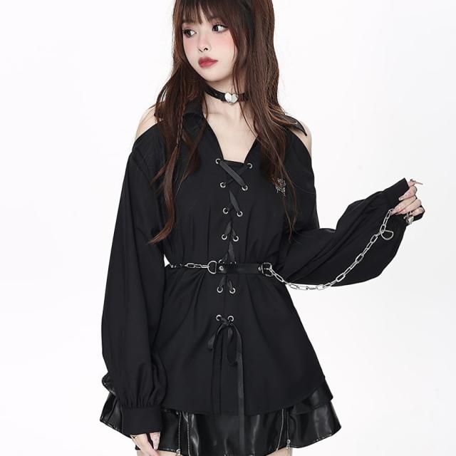 地雷系 甘辛MIX 編み上げ シャツ ミニワンピ レースアップ オープンショルダー
