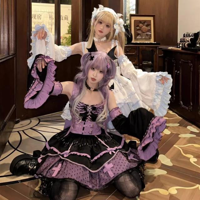 【即納】  キラキラ アイドル衣装 パープル Sサイズ 3点セット ジャンパースカート チョーカー ウエストベルト かわいい ステージ イベント衣装 コンカフェ 即納】 キラキラ アイドル衣装 パープル Sサイズ 3点セット ジャンパー