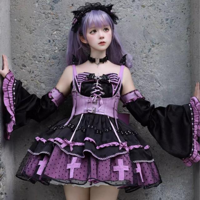 【即納】  キラキラ アイドル衣装 パープル Sサイズ 3点セット ジャンパースカート チョーカー ウエストベルト かわいい ステージ イベント衣装 コンカフェ 即納】 キラキラ アイドル衣装 パープル Sサイズ 3点セット ジャンパー