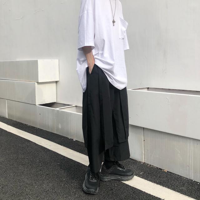 袴パンツ メンズ モード系 パンツ 9分丈 クロップドパンツ ワイド ボトムス ストリートファッション 韓国 黒の通販は - pLegLad 通販サイト