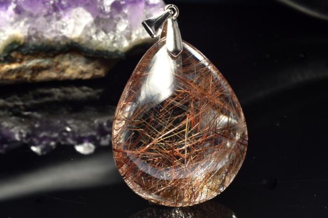 【１点物】シルバー925◇高発色 ブロンズルチルクォーツ　30x24mm　ドロップ ペンダントトップ _PC8745