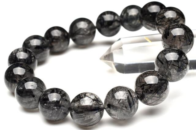 【１点物】漆黒針きらめく ブラックトルマリンインクォーツ　13mm　ブレスレット 健康運・厄除け【ネコポス送料無料】_E915