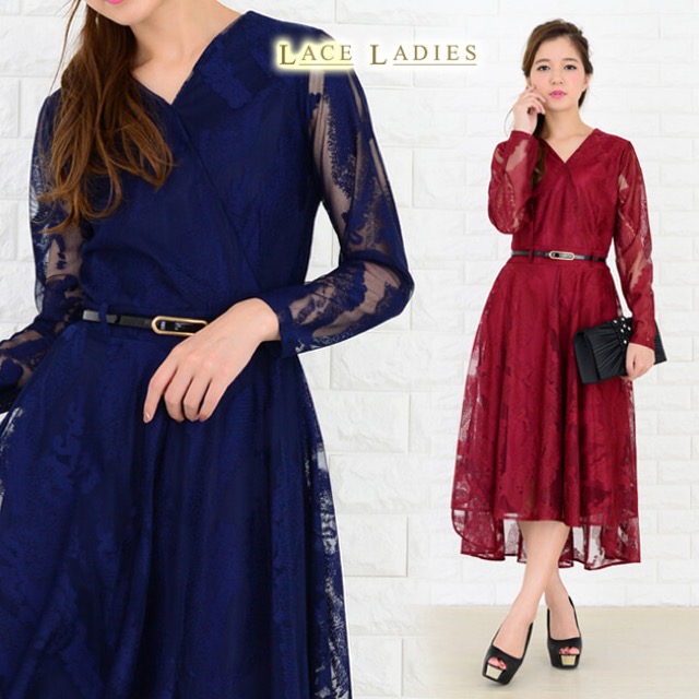 膝丈 パーティードレス 総レース ワンピース ネイビー ワインレッド 長袖 Vネック ミディアム丈 韓国 プチプラ 送料無料の通販はau Wowma a Style