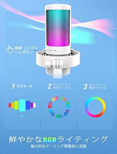 FIFINE USB コンデンサーマイク ゲーマー向け RGBライティング カーディオイド指向性 プラグ＆プレイ PC用マイク USB-C→ マイク USBコンデンサーマイク 単一指向性 ゲーム実況 マイクセット