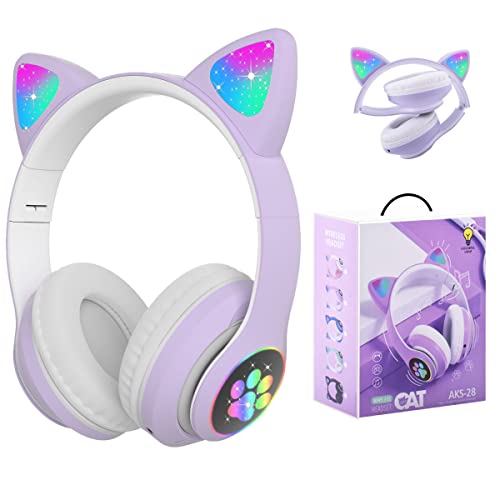 子供用ヘッドホン Megadream無線/有線ヘッドホン マイク付き 猫耳LEDライト/両側RGBライトデザイン Bluetooth5.0/ワイヤ長 1m TFカード挿入可能 折りたたみ式 サイズ調節可能 学校/タブレット/旅行/MP3