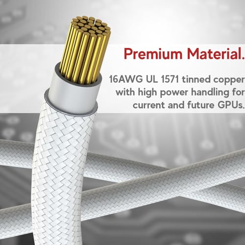 LINKUP - AVA Right Angle 600W PCIE 5.0 16Pin (12*4) High Current Power Cable * 成形、はんだ付き、スリーブタイプ16AWG * RTX4000およびRTX3000 FEに対応 * 70cm ホワイト 電源