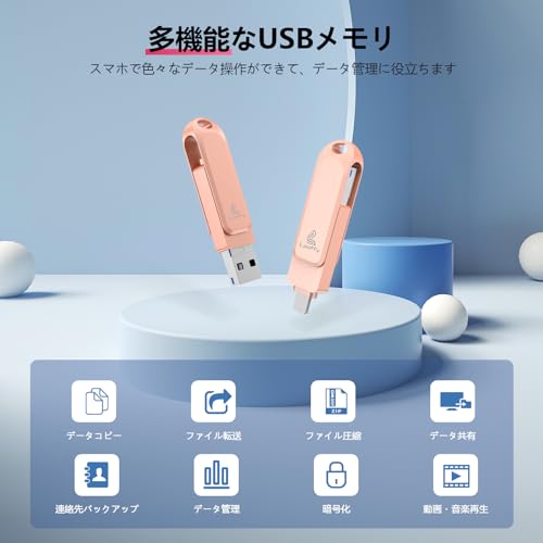 【2024年新登場】４in1 iPhone対応 USBメモリ 128GB iPad対応 usbメモリー USB3.0 高速 データ バックアップ iOS/USB/Type-C/Micro USB搭載 外付け usb 写真保存 Phone/iPad/PC/Android/Mac対応 回転式 ピンク Phone 15 Pro /1