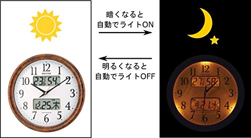 リズム(RHYTHM) 掛け時計 電波時計 アナログ ピュアカレンダーM617SR 暗所 ライト 自動 点灯 カレンダー 温度 ・ 湿度 表示 茶 (木目仕上げ) 4FY617SR23_1
