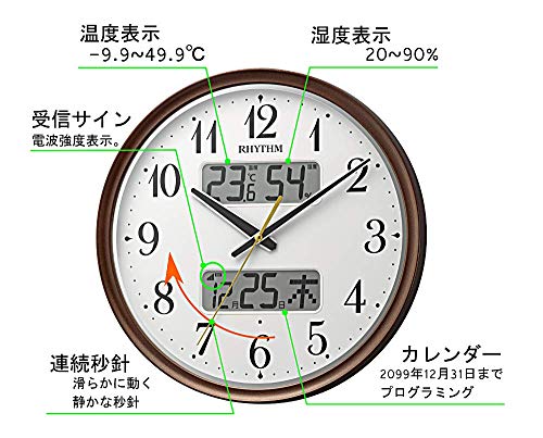 リズム(RHYTHM) 掛け時計 電波時計 アナログ 連続秒針 温度 湿度 カレンダー 自動ライト 茶 Φ34x5.3cm フィットウェーブM04 8FYA04SR06_2
