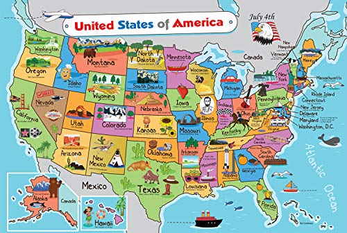 キッズ米国地図 * ウォールポスター 13*19インチ アメリカ地図プレミアム紙 * 50アメリカ スローガンと画像付き - ラミネート加工の通販は