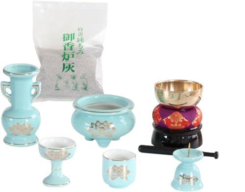 仏具セット 青磁 金蓮 陶器 5点*おりんセット 香炉灰付き モダンミニ仏壇用