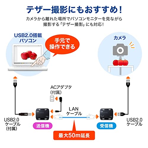 サンワサプライ USB2.0エクステンダー 最大50m延長 2ポートハブ付き USB-EXSET3_4