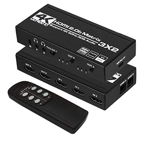 4K HDMIマトリックス 3入力 2出力 HDMIマトリックス スイッチャー HDR、HDMI 2.0b、HDCP 2.2 対応、4Kx2K@60Hz、3D、1080P IRリモコン付きの通販は