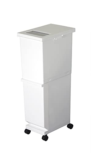 新輝合成 トンボ ユニード ゴミ箱 2段 分別 蓋を開けずにごみを捨てられる スリム キャスター付 55リットル ホワイト 奥行41*横27*高さ87cm 蓋付き 日本製