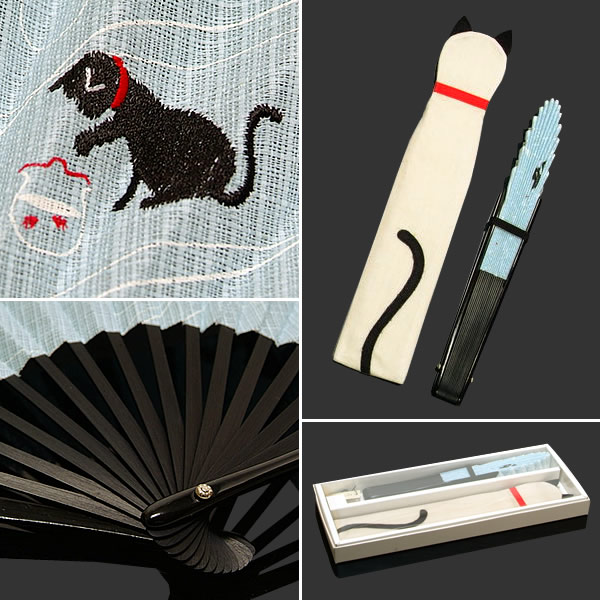 箱付 扇子セット「水色 猫と金魚」 扇子入れ付き 母の日 敬老の