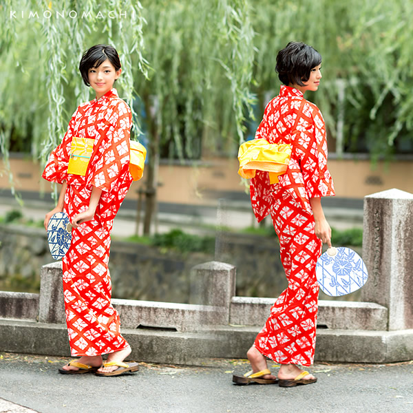 女性 浴衣「赤色に菱形 絞り風」綿 フリーサイズ 女性浴衣 お