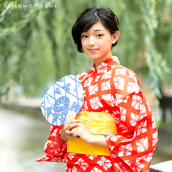 絞り風綿浴衣 女性 浴衣「赤色に菱形 絞り風」綿 フリーサイズ 女性浴衣 お