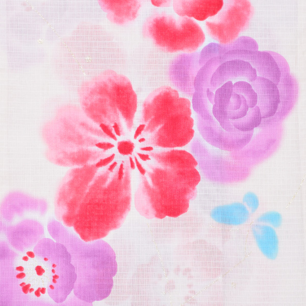 変わり織り 女性浴衣単品「生成り 薔薇とお花、蝶」 ボヌールセゾン