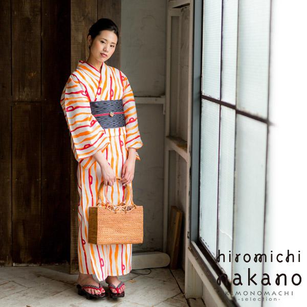 ナカノヒロミチ 浴衣単品「オレンジ×赤 ゆらぎ縞」夏祭り、花火大会に 吸水速乾 フリーサイズ  [送料無料]ss2512ykl55