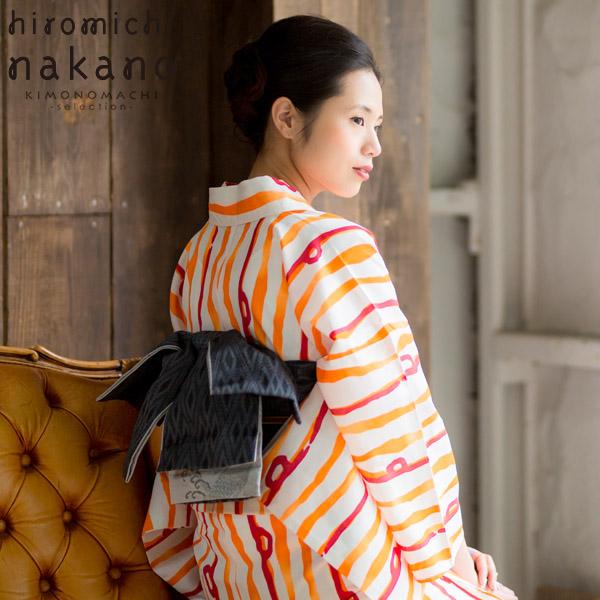 ナカノヒロミチ 浴衣単品「オレンジ×赤 ゆらぎ縞」夏祭り、花火大会に 吸水速乾 フリーサイズ  [送料無料]ss2512ykl55