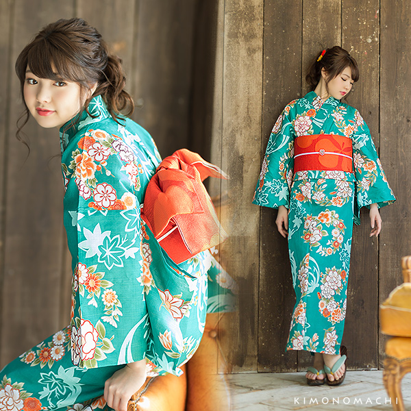 Prices down】京都きもの町オリジナル 浴衣単品「青緑色 花の丸