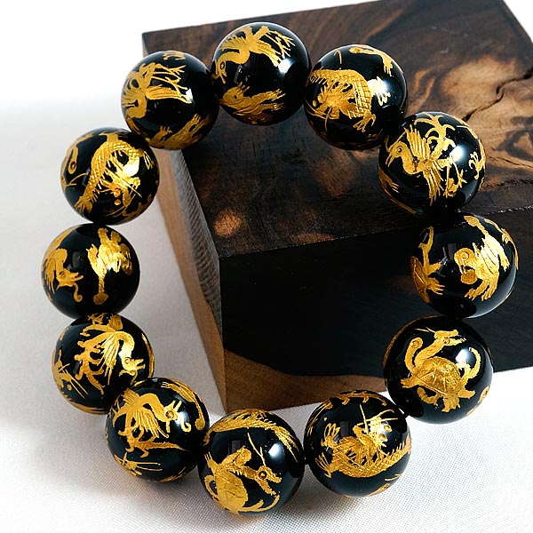 手彫り 金塗四神獣 オールインワン オニキス 18mm ブレスレット 天然石 パワーストーンの通販は