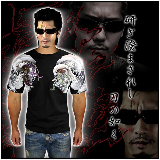 和柄絡繰魂風神雷神刺青刺繍半袖Tシャツ232307黒 カラクリ服