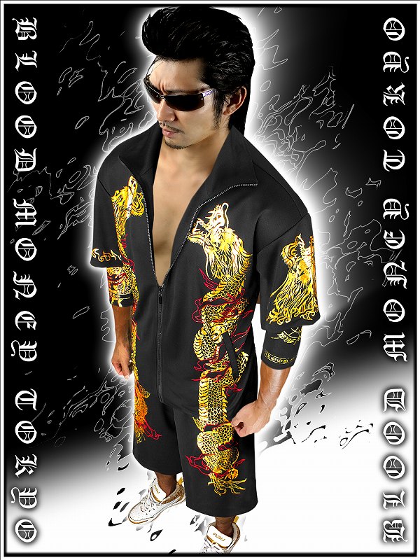送料無料13016黒×金 BLOODMONEYTOKYO半袖セットアップ 龍神 悪羅悪羅系