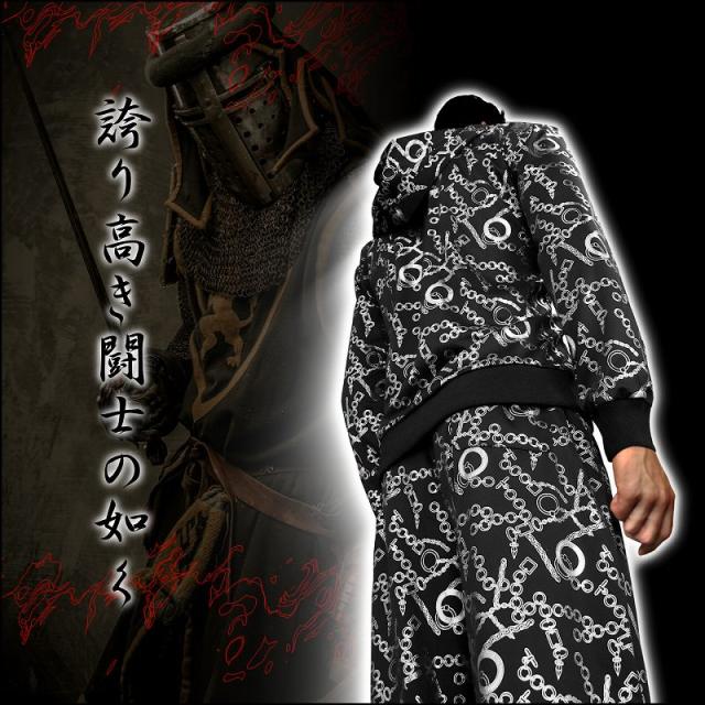 13027黒×銀 BLOOD MONEY TOKYOセットアップ チェーン バロック柄