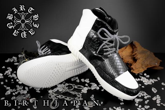 送料無料クロコ柄ハイカットスニーカー黒×白 靴悪羅悪羅系オラオラ系