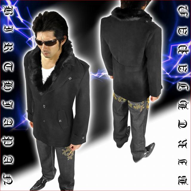 送料無料 ファー付きコート ブラック お兄系 メンナク ホストオラオラ