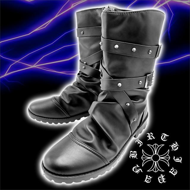 スタッズ×クロスベルトロングブーツ 黒 靴悪羅悪羅系オラオラ系ヤカラ