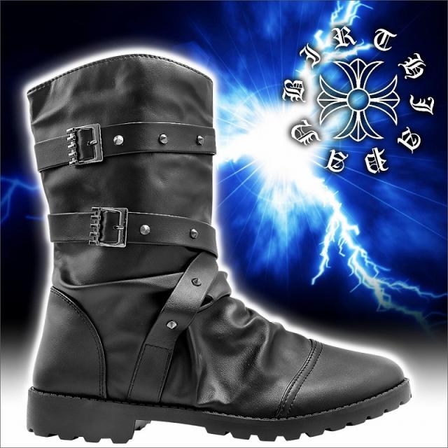 スタッズ×クロスベルトロングブーツ 黒 靴悪羅悪羅系オラオラ系ヤカラ