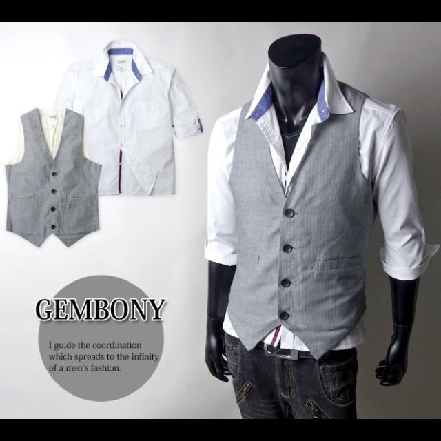 メンズ シャツ アンサンブル 7分袖 Gembony ジェムボニー ヘリンボーン柄ベスト付き 袖ロールアップ 前立て切替の通販はau Pay マーケット オンスタイル Au Pay マーケット店