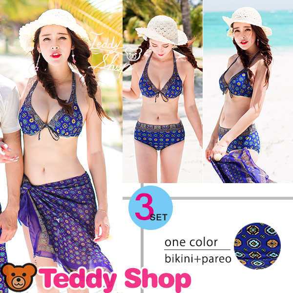 即納 即納 水着送料無料水着レディース水着ビキニ 体型カバー水着 三角ビキニ ワイヤービキニ ホルターネック ママ水着パレオ 3点セッの通販はau Pay マーケット Teddyshop