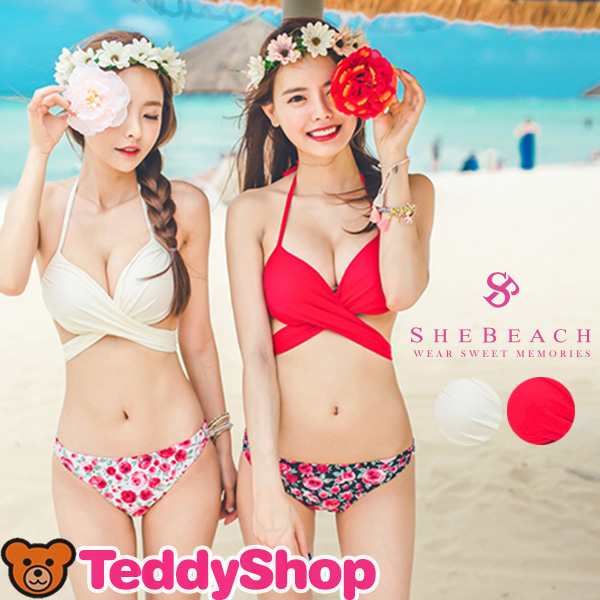 即納 セクシー ビキニ 水着 レディース 2点セット 無地 花柄 ブランド Shebeach クロスデザイン 上下別柄 個性的 パッド付の通販はau Pay マーケット Teddyshop