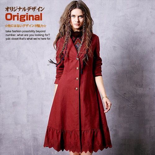 オリジナルデザイン 大人可愛い 薄手アウター 赤 レッド 背中編み上げ 長袖 ウエストマーク 綿コート ひざ下丈 ロングチェスターコートの通販はau Pay マーケット Yuki Closet