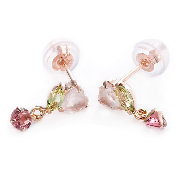 ピアス ローズクォーツ ペリドット ピンクトルマリン K10 ピンクゴールド ハートモチーフ スタッド シリコン製ダブルロックキの通販は