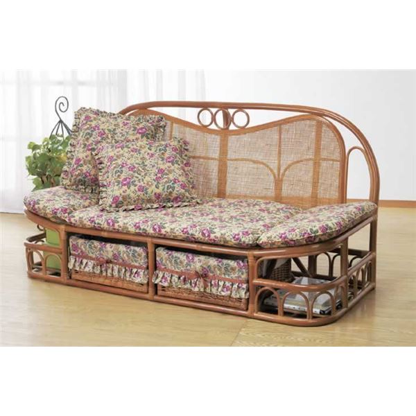 ソファ カウチ 天然籐 ハイバック 140cm幅 クッション 引き出し 収納 【代引不可】 送料込！の通販は 35,666円