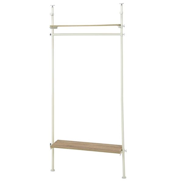 突っ張り ハンガーラック/ハンガーポール 【ホワイト】 幅90×奥行24×高さ187〜264cm スチール 高さ調節 棚板2枚