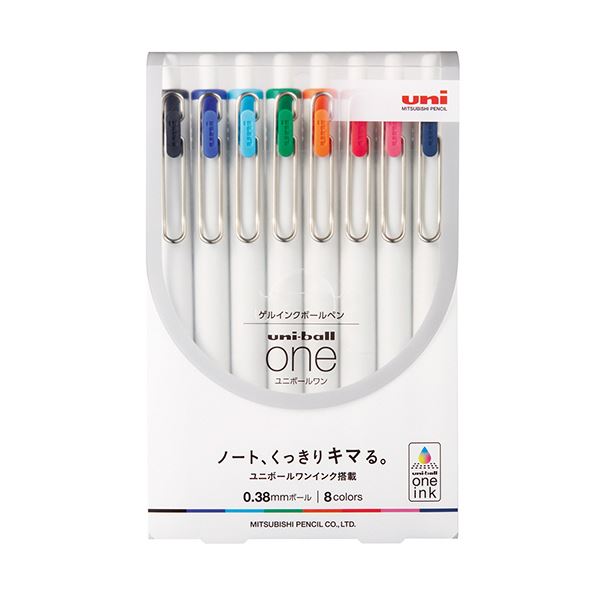 （まとめ）三菱鉛筆 ゲルインクボールペン ユニボール ワン 0.38mm 8色（各色1本） UMNS388C 1パック 【×5セ