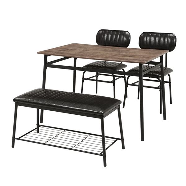 コンパクト ダイニングテーブルセット 【ブラック 4点セット】 机幅109cm チェア×2脚 ベンチ×1 スチール 組立式 〔リの通販は