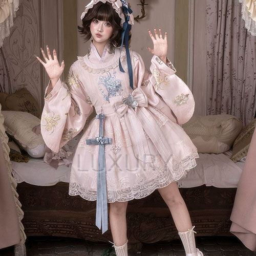 華ロリ 中華ロリ インナー + ジャンパースカート + リボンブローチ 3点セット 刺繍 ミニ丈 ショート丈 膝上 中国風 チャイナ ガーリー ゴージャス レディースファッション 撮影 舞台
