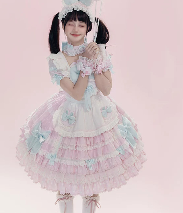 甘ロリ ワンピース のみ 2色 エプロン風 スイーツショップ フリル ショート丈 膝上 半袖 ケーキ風 スウィート ラブリー 可愛い 春夏秋コーデ 撮影 舞台 撮影用 イベント_10